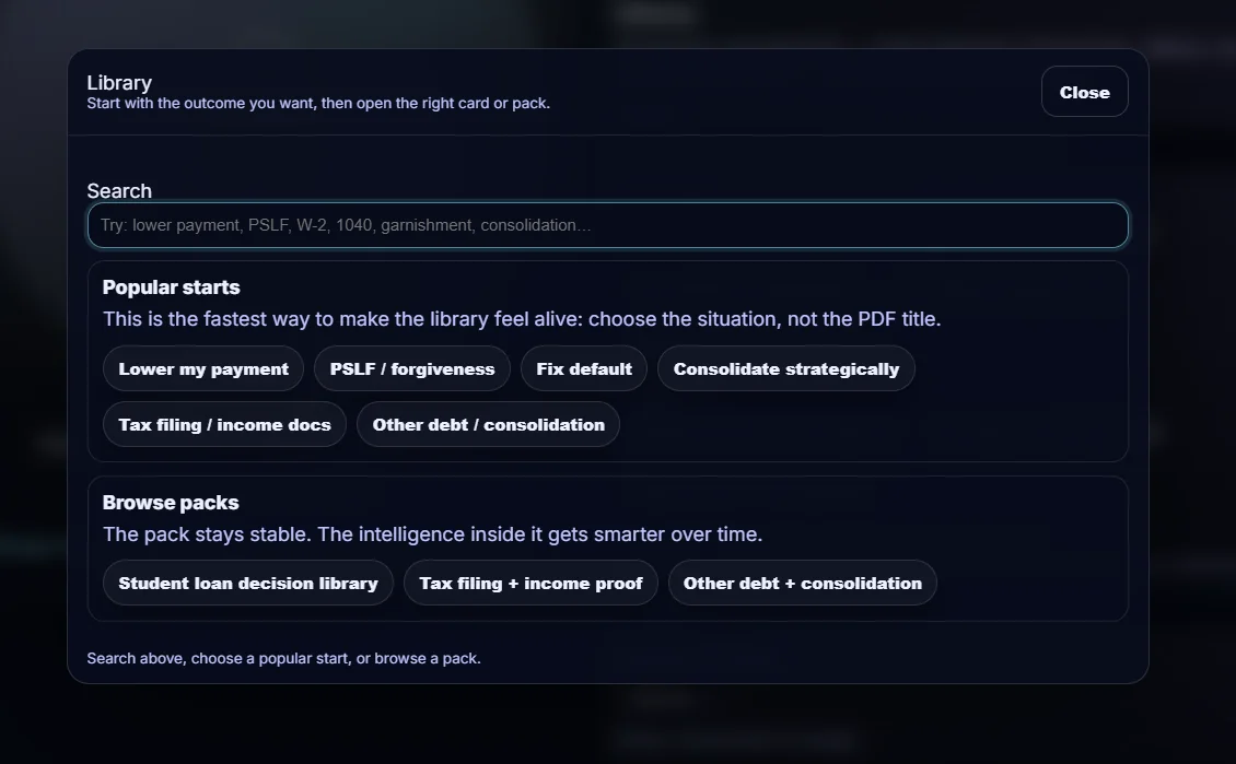 Library overview with popular starts and browse packs