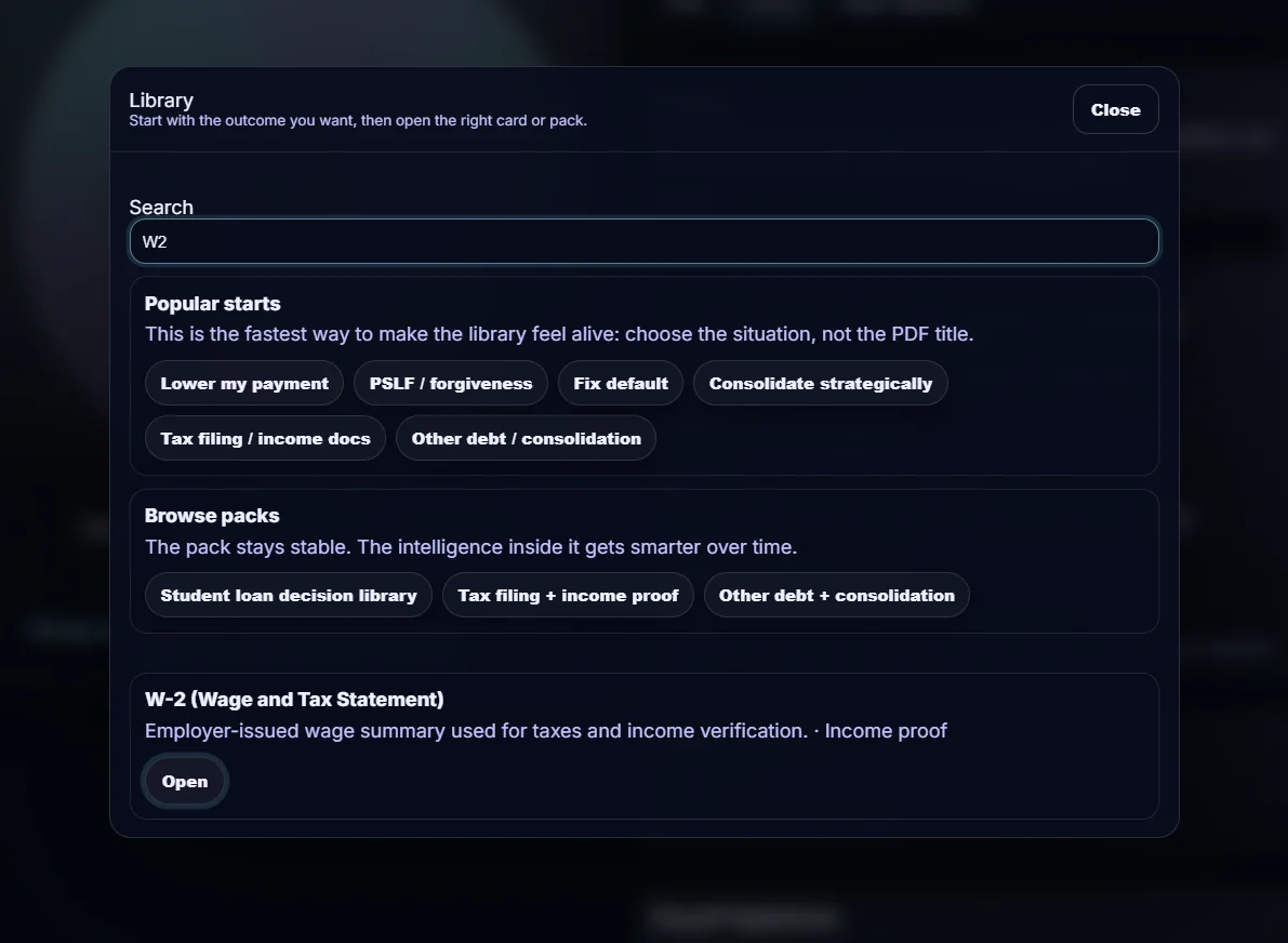 Library search showing W-2 result
