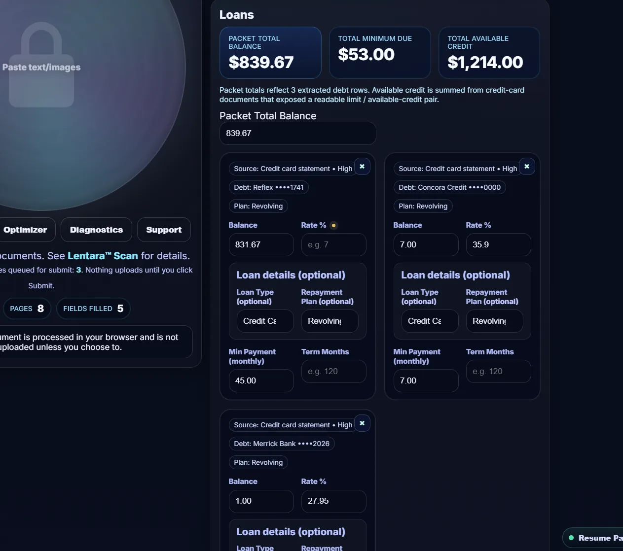 Debt packet with balances and minimums