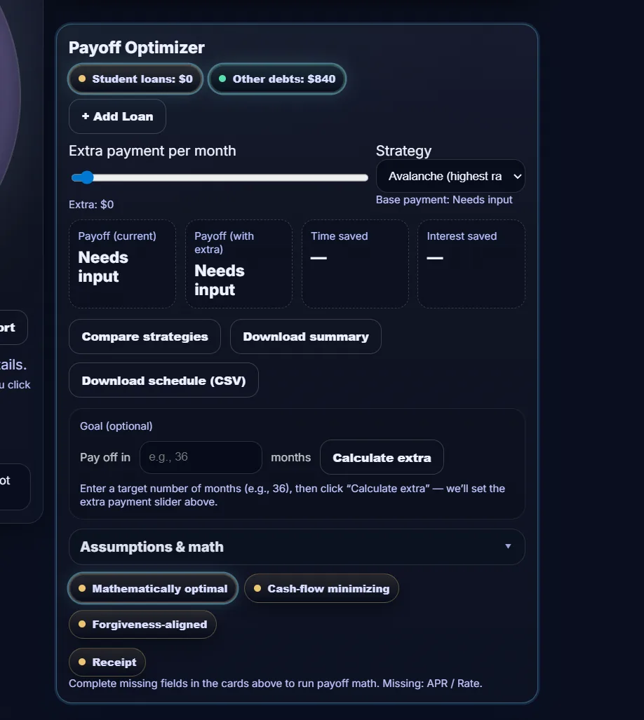 Payoff Optimizer interface