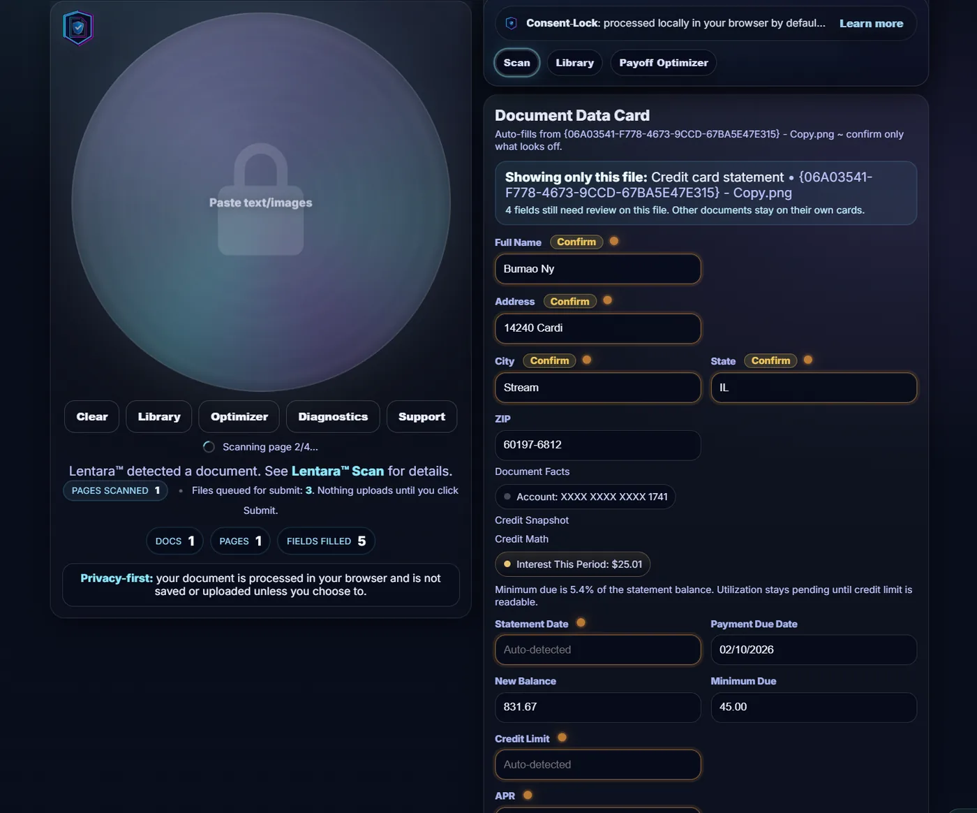 Lentara scan and document data card interface